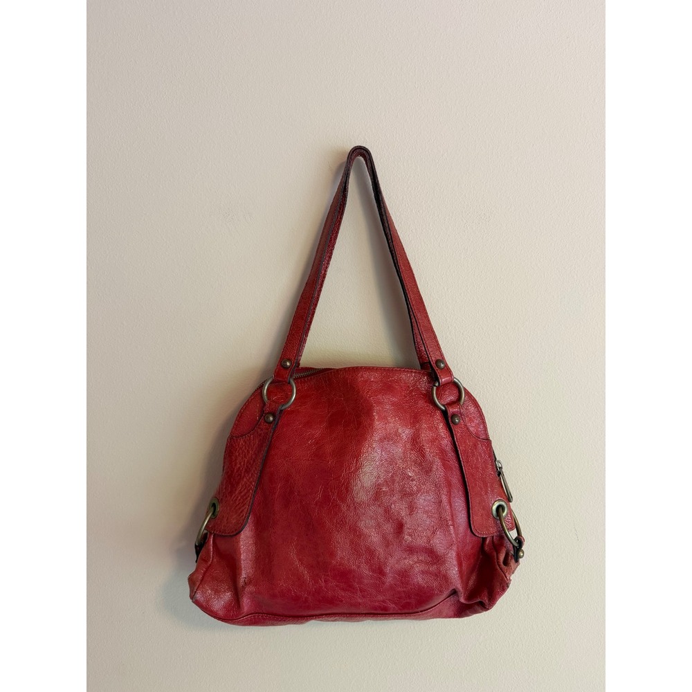 Vintage Red‎ Leather Shoulder Bag Brass Hardware Hobo Tote